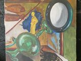 un tableau représentant un tableau posé sur une table avec un miroir