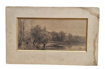 an old picture of a picture of a river with trees in the background