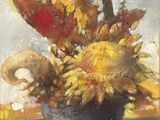 une peinture de tournesols dans un vase sur une table
