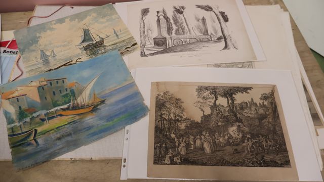 Lot de gravures, aquarelles F. Gandy, et divers