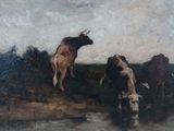 a painting of cows in a field by a body of water