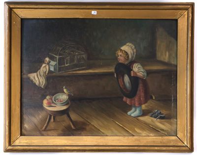 an oil painting of two children in a room with a birdcage