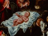 an image of a painting of a baby in a manger surrounded by animals