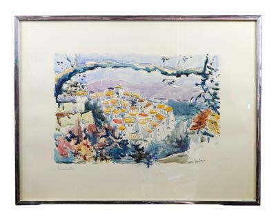 framed watercolor painting of a view of a village in the mountains