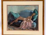 painting of a nude woman laying on a couch in a room