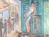 une peinture à l'huile représentant un homme debout dans un wagon de queue vert, à côté d'un chat noir