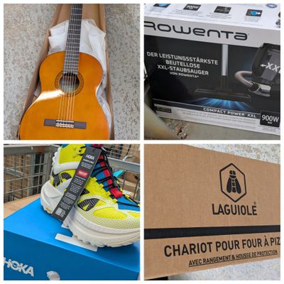 plusieurs photos d'une guitare, d'une paire de chaussures et d'une boîte de chaussures