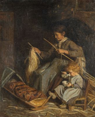 an image of a painting of a woman and two children knitting