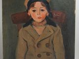 an oil painting of a young girl in a hat and coat sitting in a chair