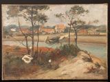 painting of a landscape with a river and a village in the distance