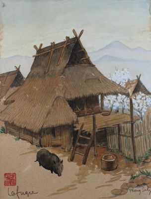 a painting of a pig in front of a thatched house