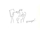 dessin représentant un homme assis sur une chaise, un pinceau à la bouche, en train d'écrire sur une feuille de papier