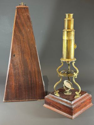 pair of antique brass and wood microscopes on wooden bases