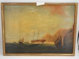 an oil painting of a ship in the water near a cliff