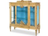 une vitrine dorée et bleue à portes vitrées