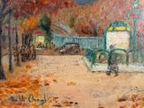 a painting of a bench in the middle of a park