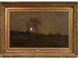 un tableau représentant un arbre dans un champ, avec la pleine lune en arrière-plan