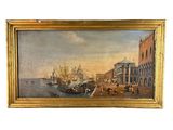 une peinture à l'huile d'une scène portuaire avec des bateaux dans l'eau
