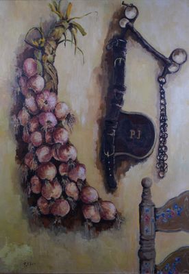 un tableau représentant un bouquet d'oignons accroché à un mur