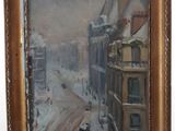 an oil painting of a snowy street scene in a gold frame