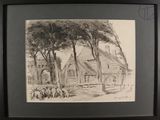pencil drawing of a church with a group of people standing in front of it