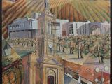 painting of a view of a town with a church and a vineyard