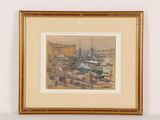 framed picture of a painting of a view of a city from a window