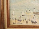 a painting of a beach scene with sailboats in the water