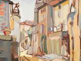 peinture d'une scène de rue avec un clocher d'église en arrière-plan