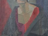 painting of a woman in a red dress sitting on a chair