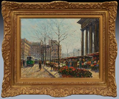 an image of a painting of a street scene with a bus