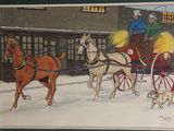 a painting of a horse drawn carriage being pulled by two dogs