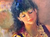 an oil painting of a woman in a purple and gold dress