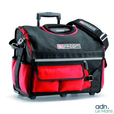 a red and black bag with a handle on it