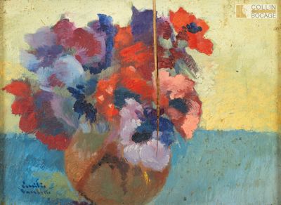 une peinture de fleurs dans un vase sur une table