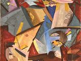 an abstract painting of a man with a guitar and a bird
