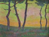tableau représentant trois arbres dans un champ, avec un coucher de soleil en arrière-plan