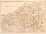 an old map of a town with a river running through it