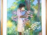 tableau représentant une femme tenant un enfant dans un champ de fleurs