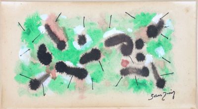 une image représentant un tableau où l'on voit un chien et un chat dans l'herbe