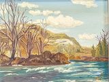une peinture représentant une rivière avec des arbres et une montagne en arrière-plan