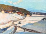 an oil painting of a snowy landscape with a road and houses