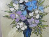 a painting of flowers in a blue vase on a table