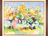 a painting of a group of people in a field with trees