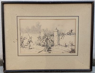 dessin représentant un groupe d'hommes à cheval dans un paysage enneigé