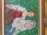 painting of two women in a field of flowers in a gold frame