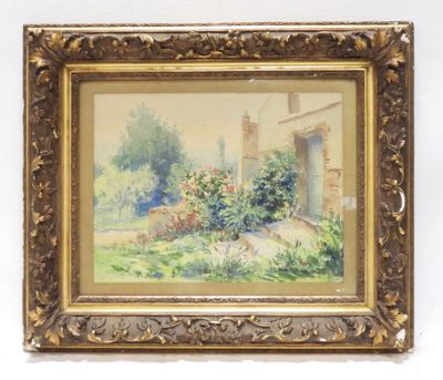 an old painting of a garden with a house in the background