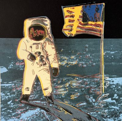 painting of an astronaut standing on the moon with a flag in the background