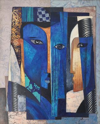 peinture représentant le visage d'une femme sur fond bleu