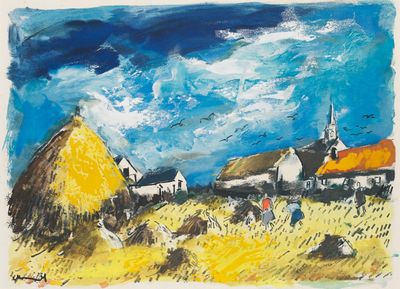 une image représentant un tableau illustrant une scène de vie à la ferme, avec une église en arrière-plan